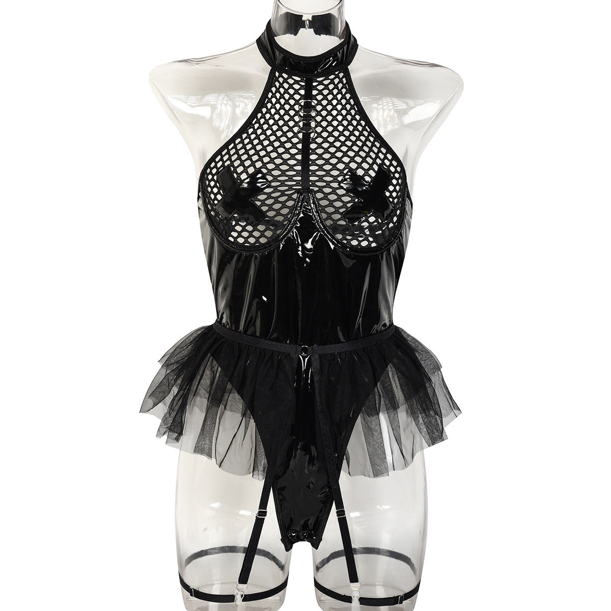 PU Patent Leather Large Grid Cross Pieced Hanging Neck Underwear