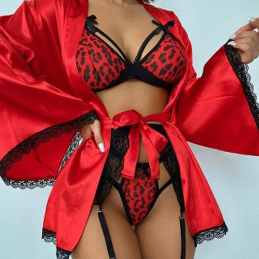 Three-piece High Elastic Sexy Pajamas European And American See-through Dress Printed Slip Nightdress