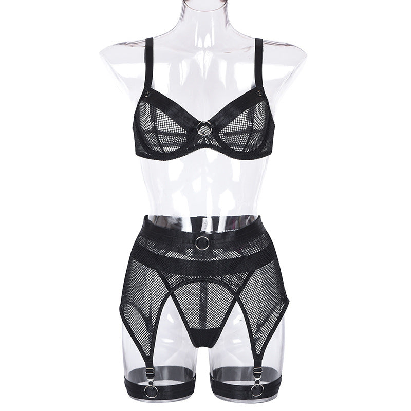 Lace Mesh Cross Strap Garter Belt Three-piece Split Suit