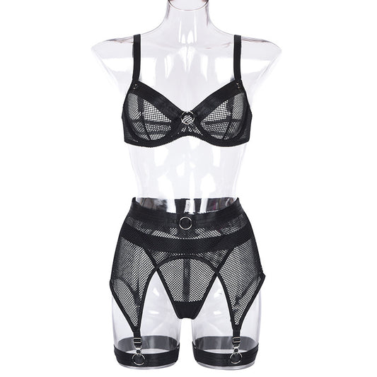 Lace Mesh Cross Strap Garter Belt Three-piece Split Suit