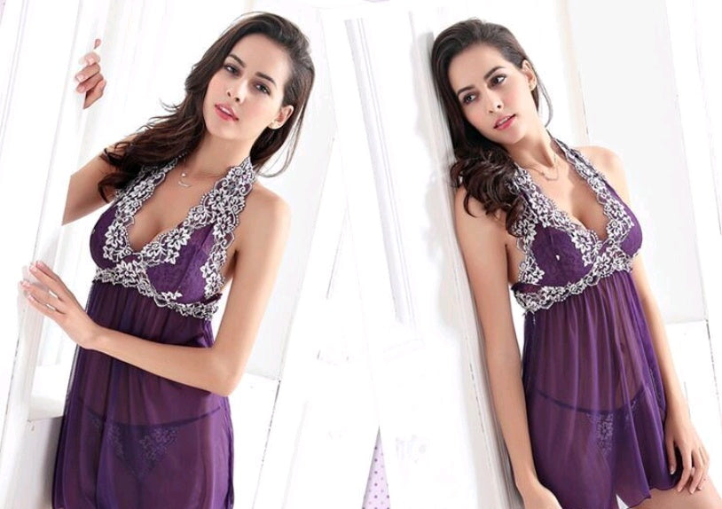 New women's sex fun pajamas two-color lace with cups low-cut transparent sexy pajamas