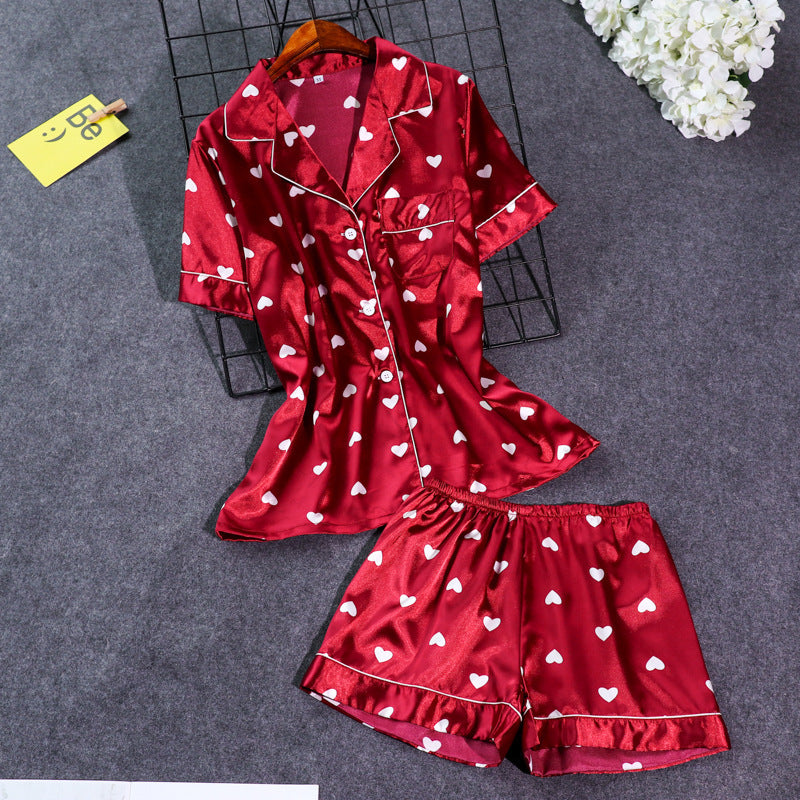 Love Simple Lapel Short Sleeve Shorts Casual Popular Pajamas