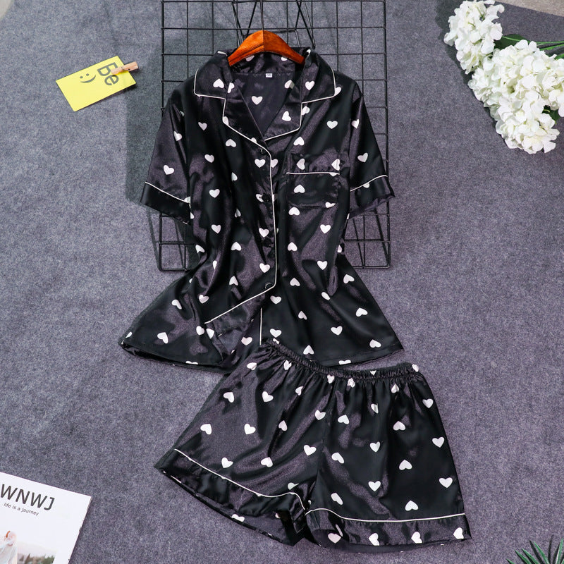 Love Simple Lapel Short Sleeve Shorts Casual Popular Pajamas