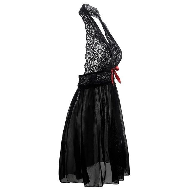 Sexy Lace Deep V Hanging Neck Nightdress See-Through Dress