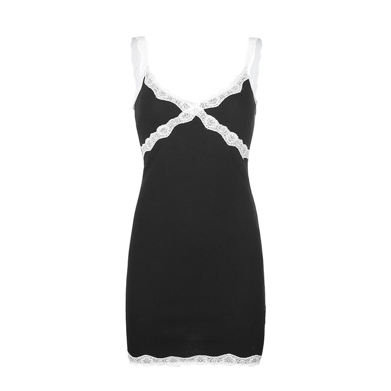 Lace Stitching Sexy Open Back Waist Strap Dress