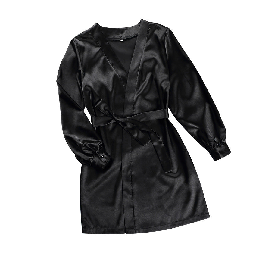 Sexy V-neck Long-Sleeved Home Satin Cardigan Pajamas