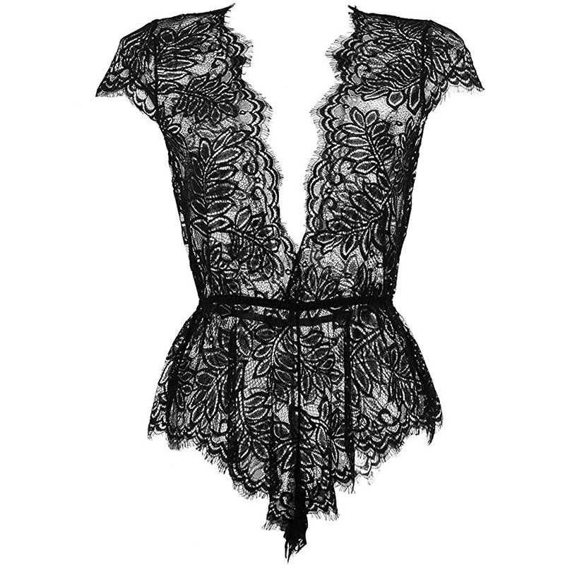 Hollow Leaf Flower Eyelash Lace One-piece Pajamas