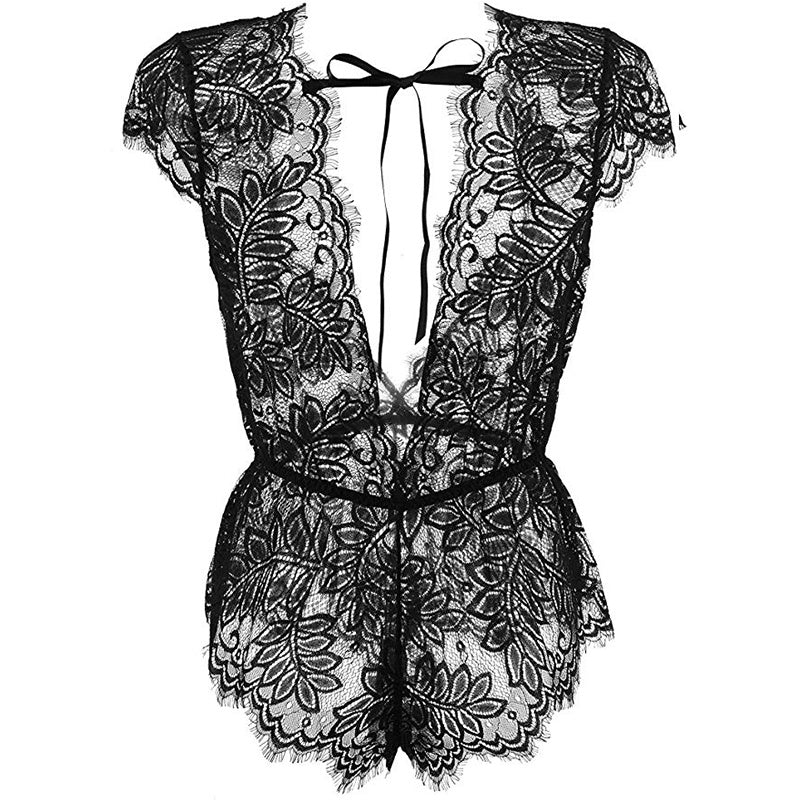 Hollow Leaf Flower Eyelash Lace One-piece Pajamas