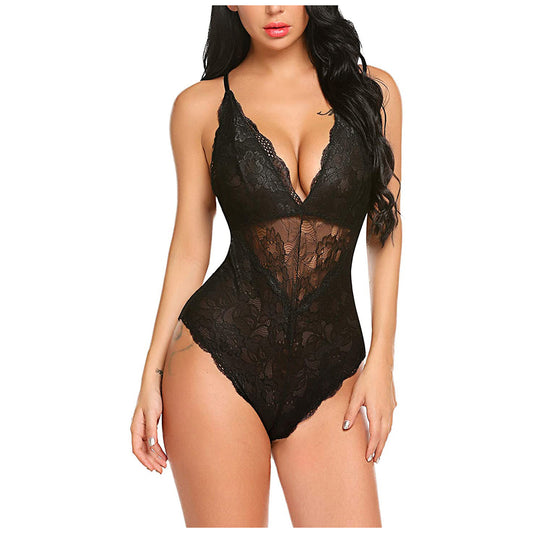 Fashion Sexy Lace Cross Sling Hollow Bodysuit