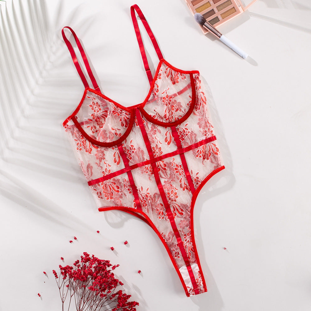 European And American Women's Sexy Lace Mesh Stitching Embroidery Flowers Sexy Body Shaping Bodysuit