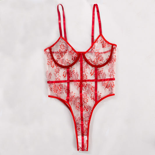 European And American Women's Sexy Lace Mesh Stitching Embroidery Flowers Sexy Body Shaping Bodysuit
