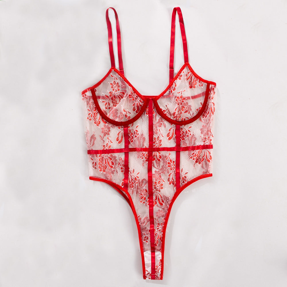 European And American Women's Sexy Lace Mesh Stitching Embroidery Flowers Sexy Body Shaping Bodysuit