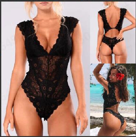 Sexy Corte De Renda Oco Para Fora Profundo Decote