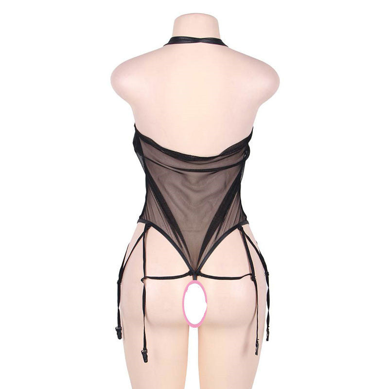 Sexy Faux Leather Garter Belt V-neck Halter Sexy Lingerie