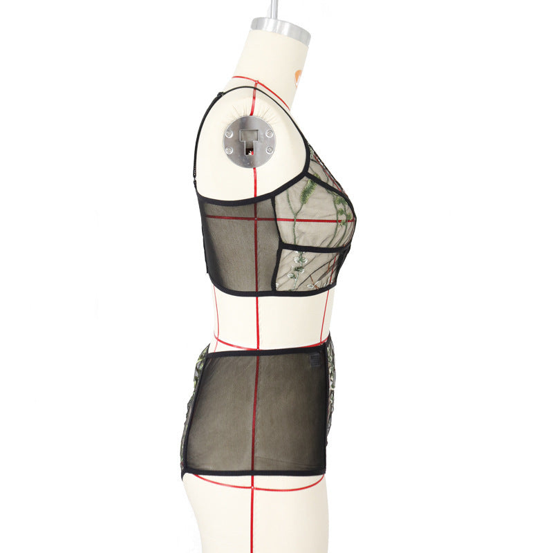 Embroidered Mesh Suit See-through Three-point Sexy Underwear