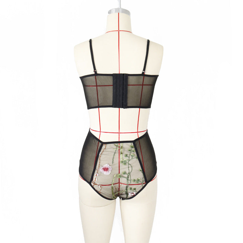 Embroidered Mesh Suit See-through Three-point Sexy Underwear