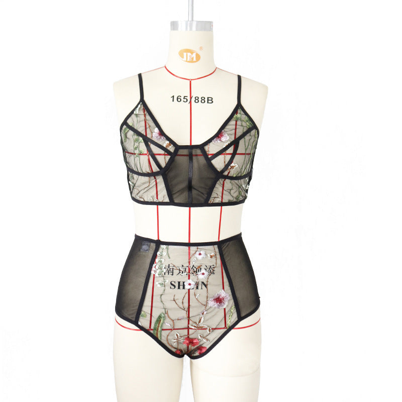 Embroidered Mesh Suit See-through Three-point Sexy Underwear