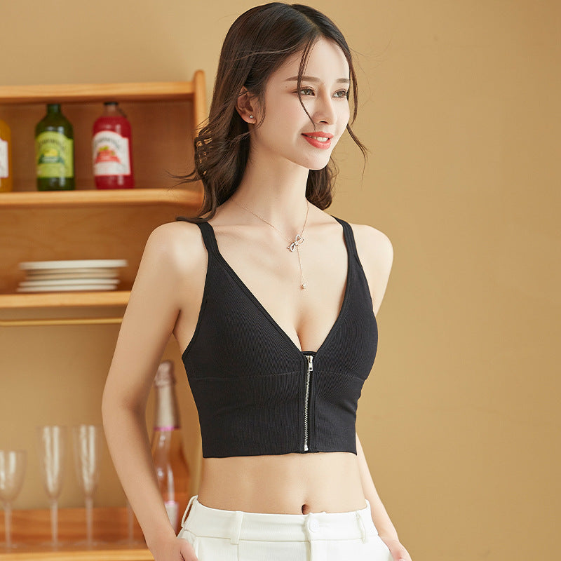Deep V Front Zipper Gathers The Breast Sling Underwear For Ladies