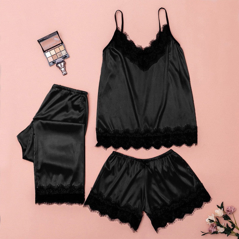 V Neck Eyelash Lace Bowknot Pajamas Three-piece Set