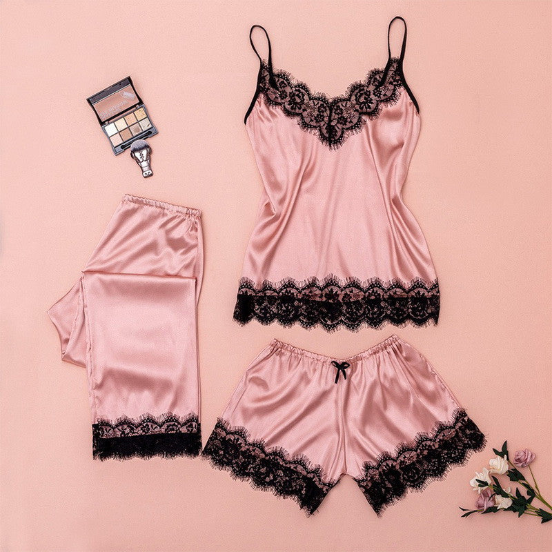 V Neck Eyelash Lace Bowknot Pajamas Three-piece Set