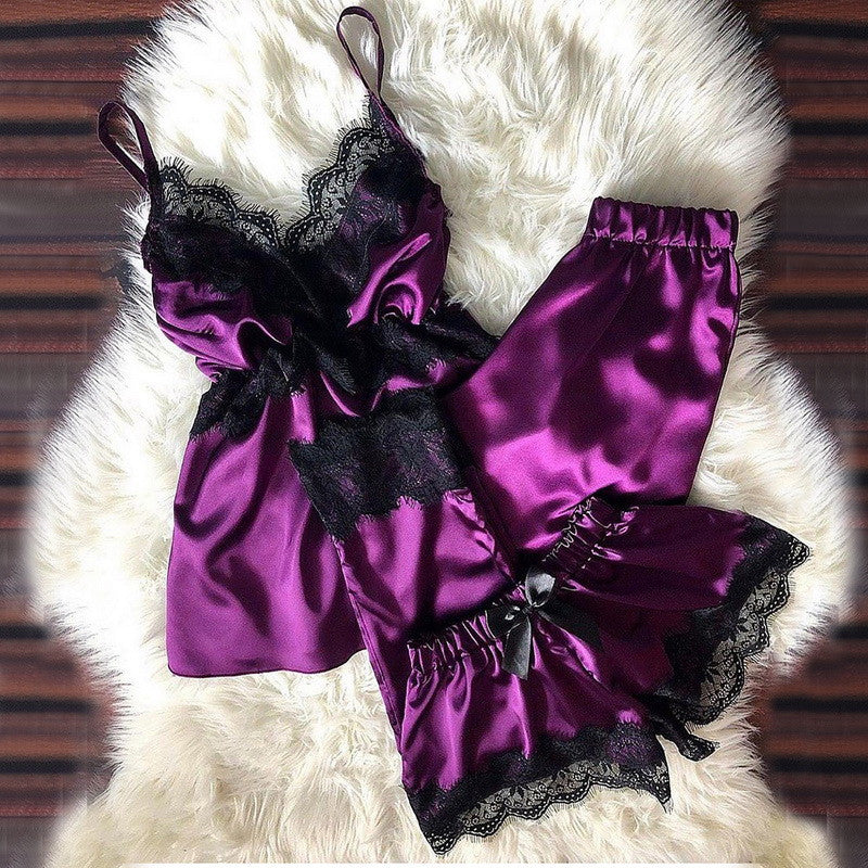 V Neck Eyelash Lace Bowknot Pajamas Three-piece Set