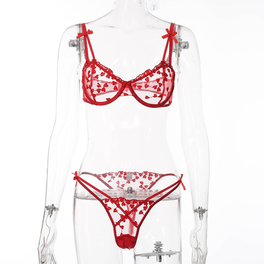 European And American Women'S Crochet Lace Perspective Bow Sexy Lingerie Set 14405