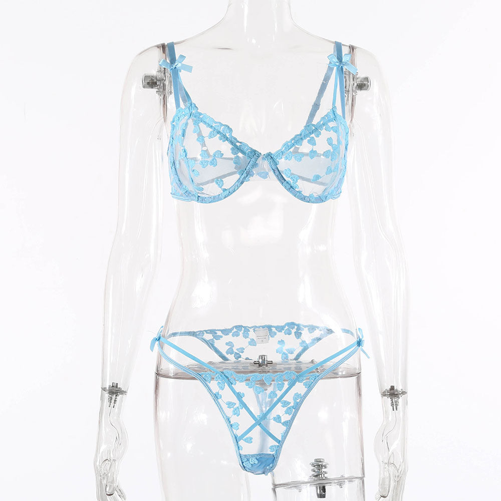 European And American Women'S Crochet Lace Perspective Bow Sexy Lingerie Set 14405