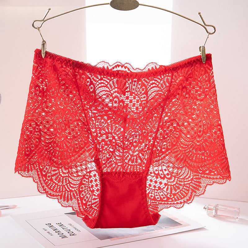 High-waisted Panties With Lace Trim And Hollow Briefs. Sexy Hot Ladies' Panties With Cotton Bottom Crotch