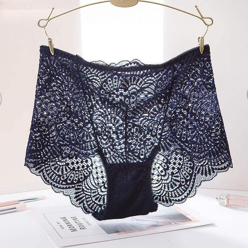 High-waisted Panties With Lace Trim And Hollow Briefs. Sexy Hot Ladies' Panties With Cotton Bottom Crotch