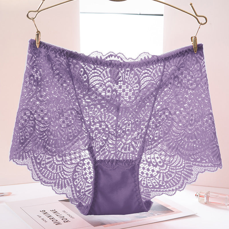 High-waisted Panties With Lace Trim And Hollow Briefs. Sexy Hot Ladies' Panties With Cotton Bottom Crotch