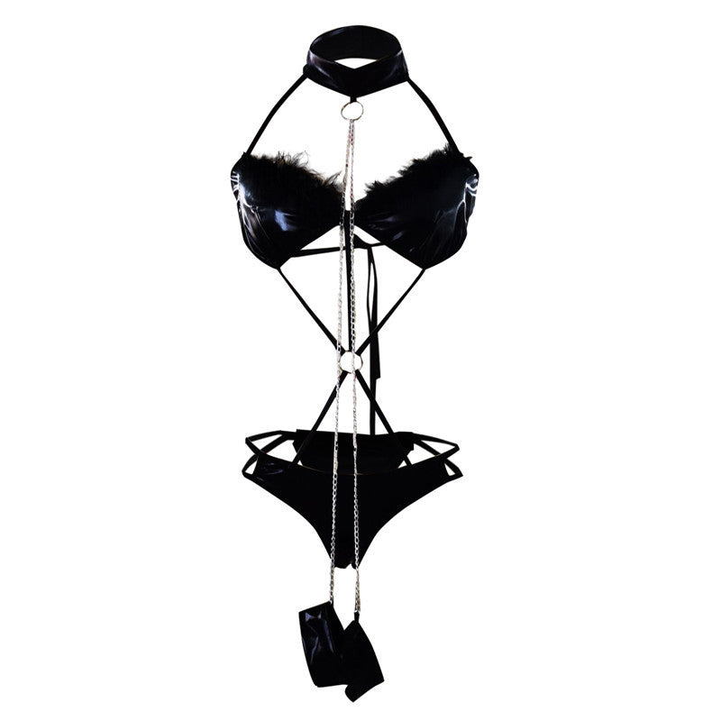 Sexy Women's Black Three-point Patent Leather Hollow Sexy Suit