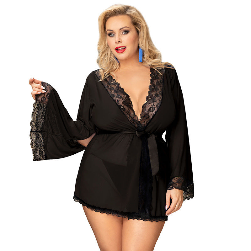 Large Size Black Lace Stitching High-end See-through Sexy Pajamas