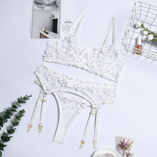 Sexy Lingerie Ladies Three-piece Embroidered Steel Ring