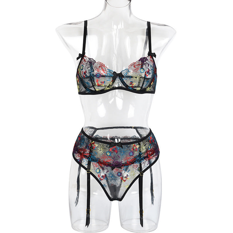 Embroidery Heavy Craft Floral Gauzy Underwear Push Up Three-piece Set