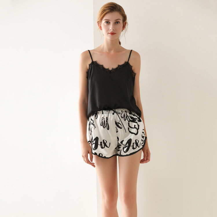 Women's Summer Lace V-Neck Sling Print Shorts Pajama Set