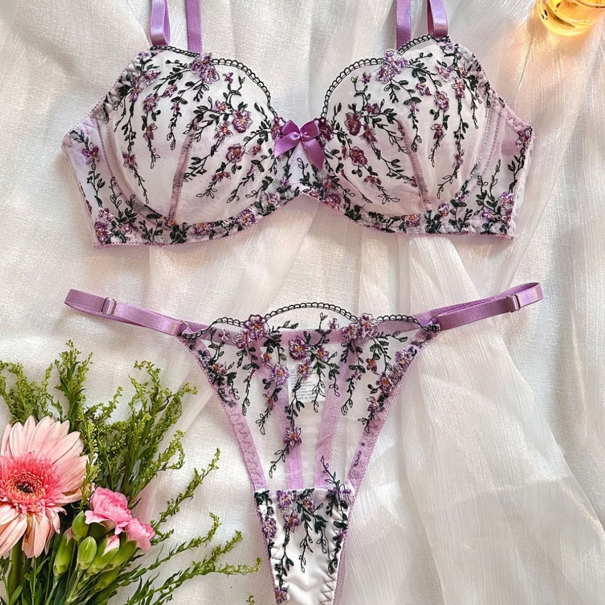 Floral Embroidery Transparent Mesh Underwear Suit