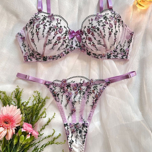 Floral Embroidery Transparent Mesh Underwear Suit