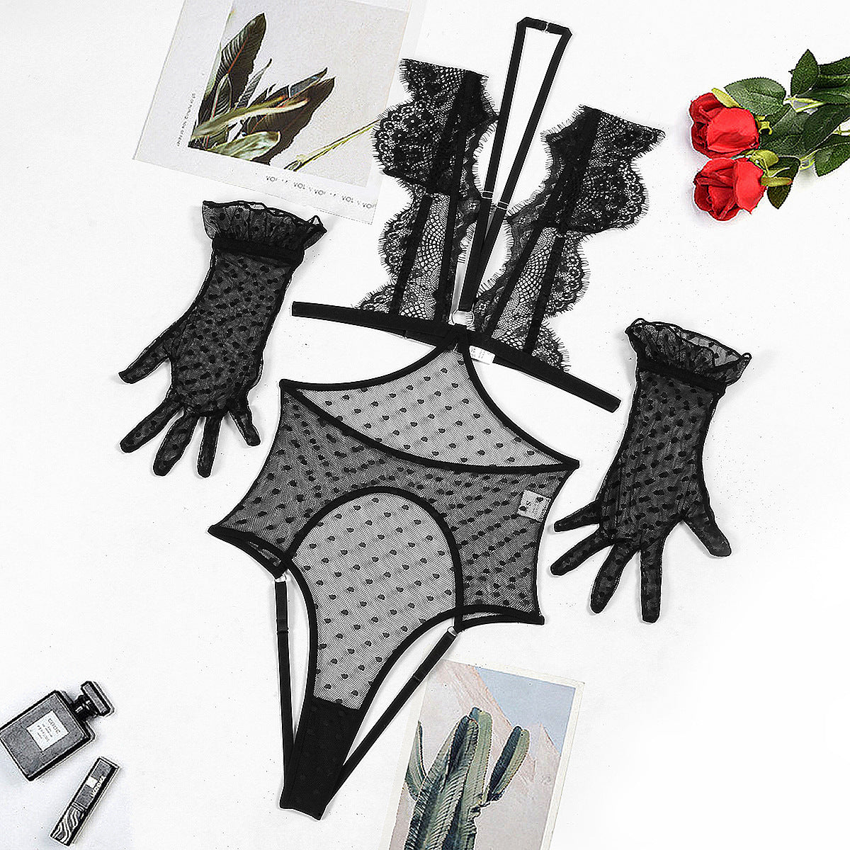 Lace Dot Mesh High Waist Three-piece Suit Women