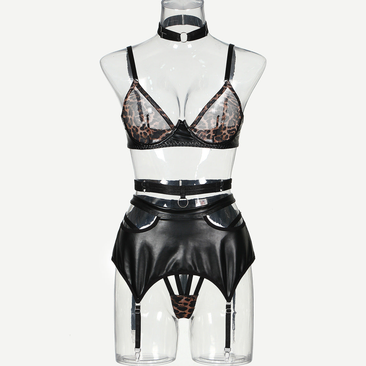 Women's Fashion Leopard Print Mesh Splicing Fabric Leather Underwear Suit