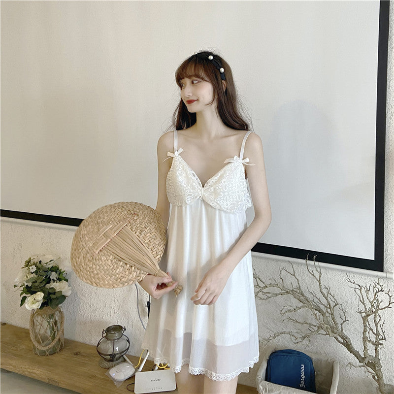 Ice Silk Pajamas Women's High-level Sense Of Thin Sexy Lace White