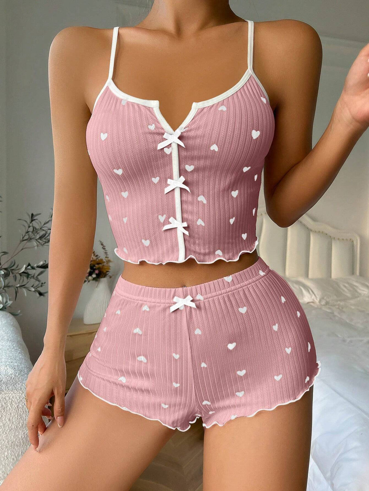Heart Shape Printed Contrast Color Pajamas Front Placket Split Sling Pajamas Suit