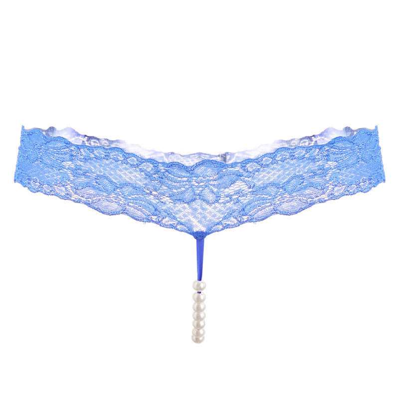 Pure Color Sexy Lace T-Pants, Pearl Massage Panties, Ladies Transparent Sexy