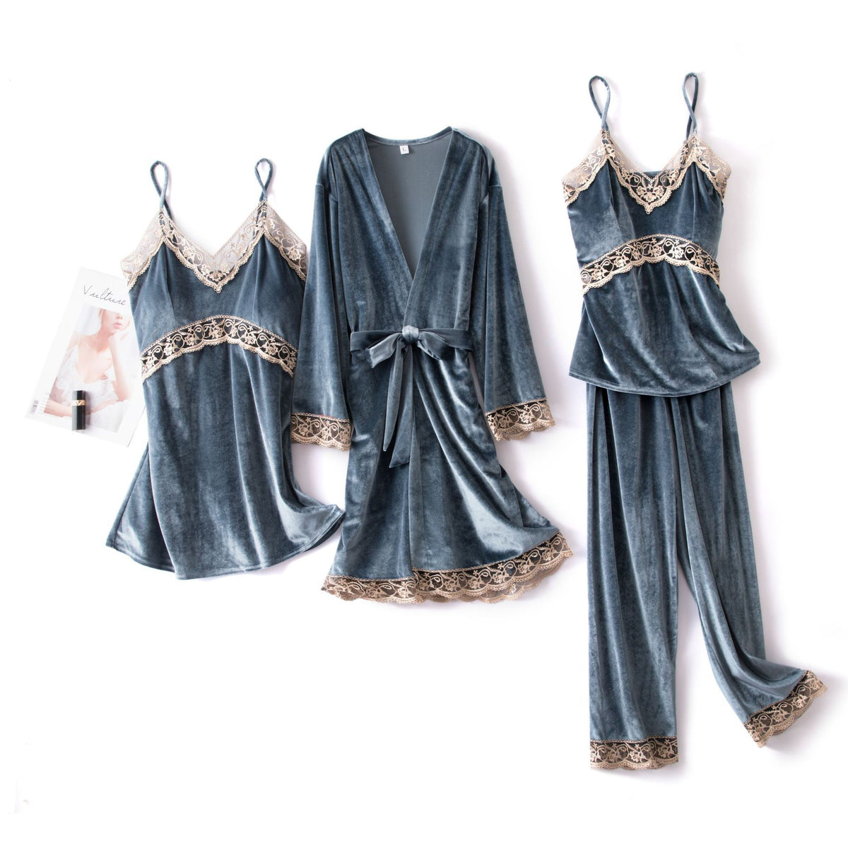 Sexy sling velvet 4-piece long-sleeved nightgown with chest pad home service women