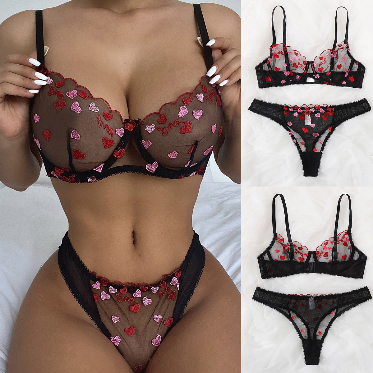 Ladies' Mesh See-through Love Three-point Sexy Suit