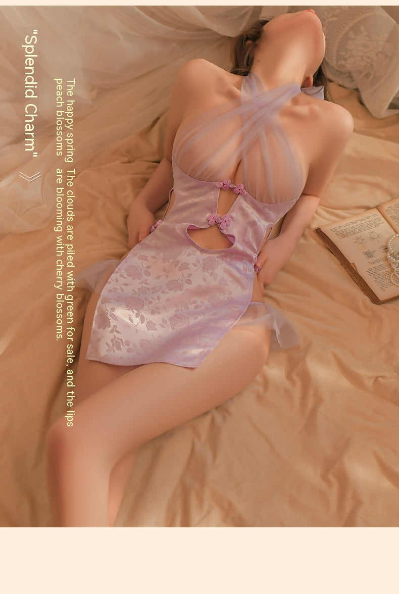 Sexy Lingerie Ancient Style Cross-halterneck Sheer Mesh Cheongsam Uniform Suit