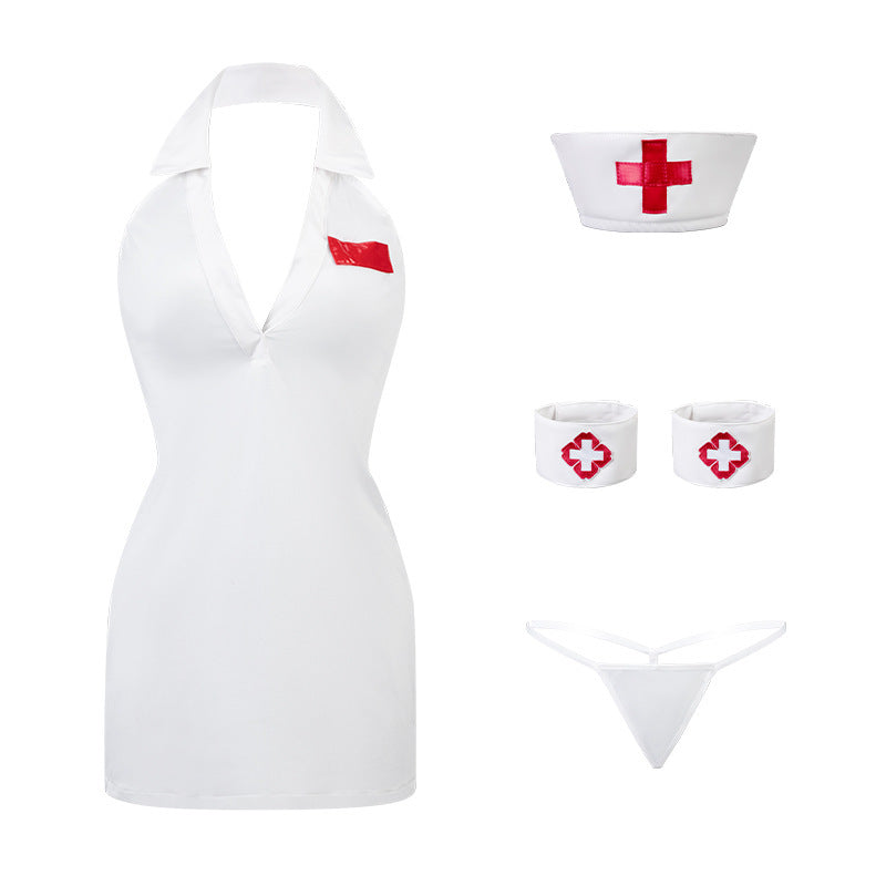 Lapel Deep V Back Lace Up Nurse Uniform Suit
