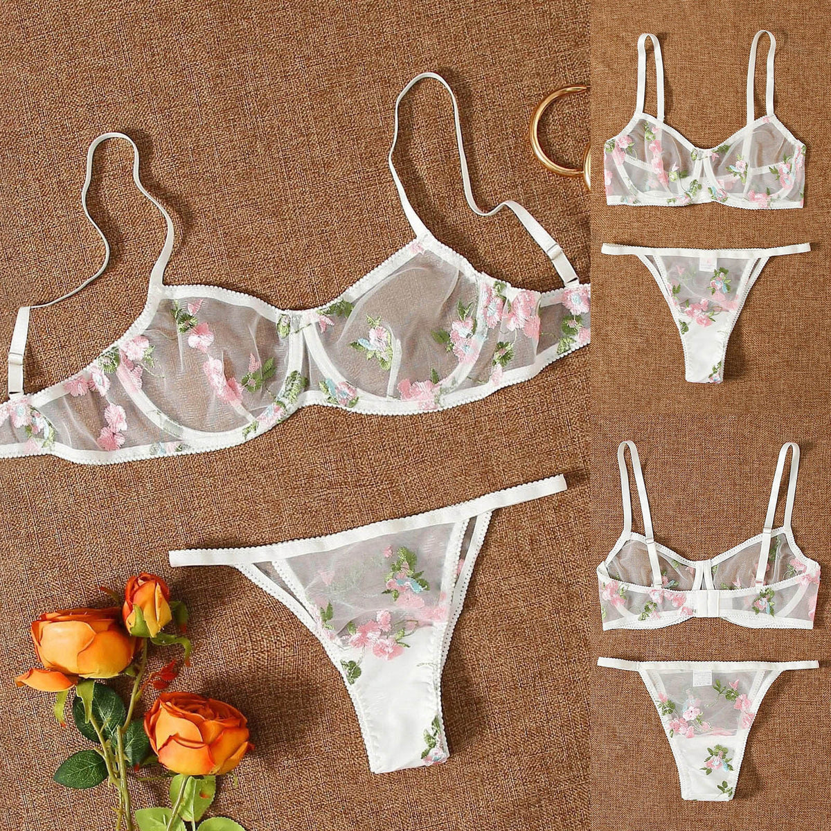 Three-point Mesh See-through Push Up Bras Embroidered Underwear Suit