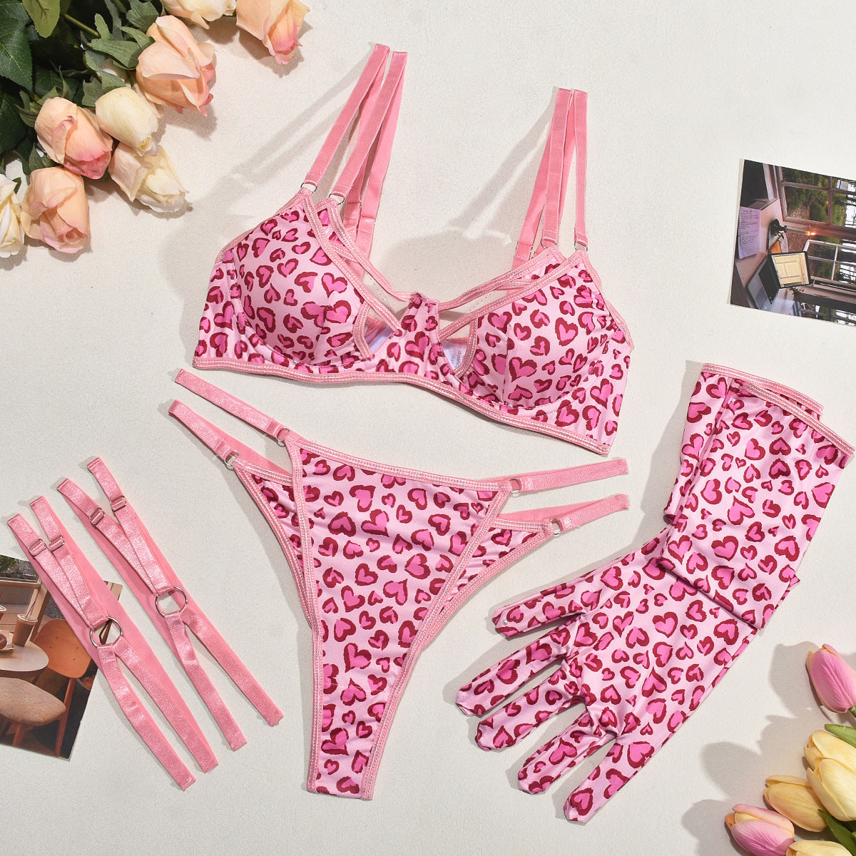 Hollow Printed Love See-through Bra Strap Gloves