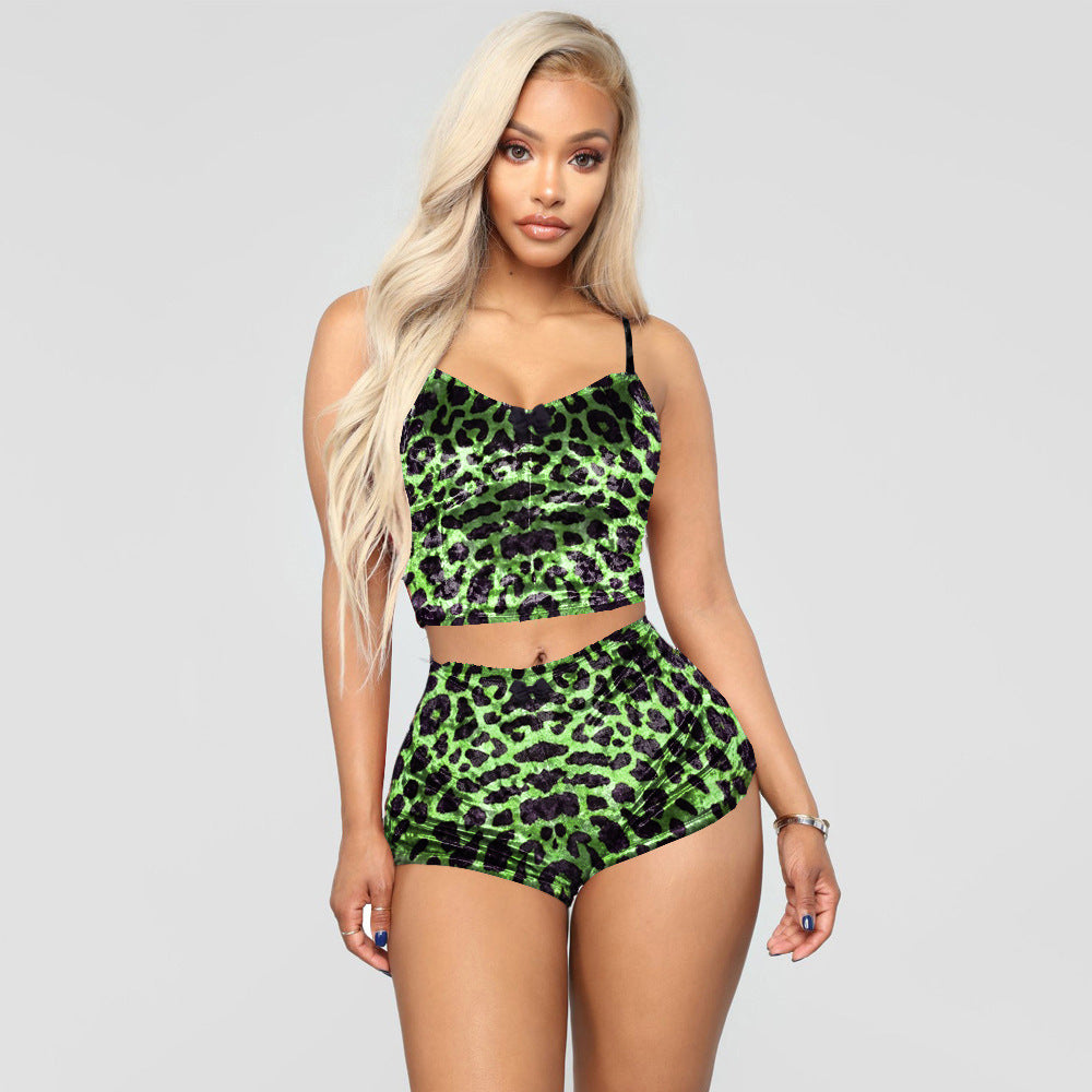 Sexy velvet print slim two piece set