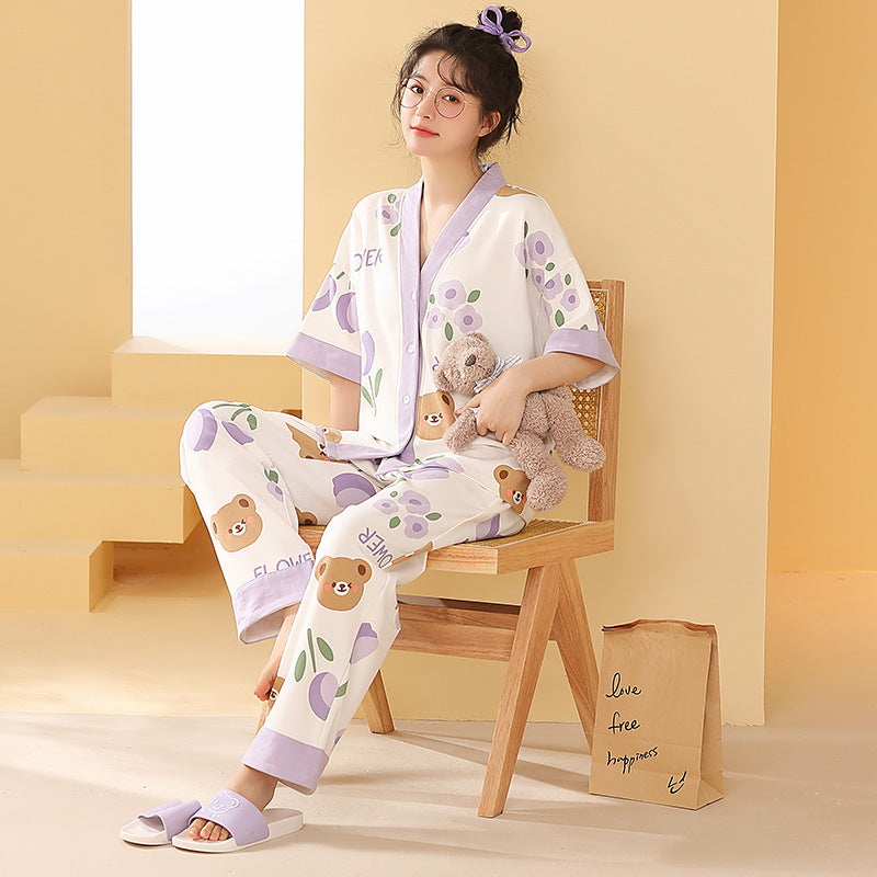 Women's Pajamas Pure Cotton Short-sleeved And Trousers Cardigan Homewear